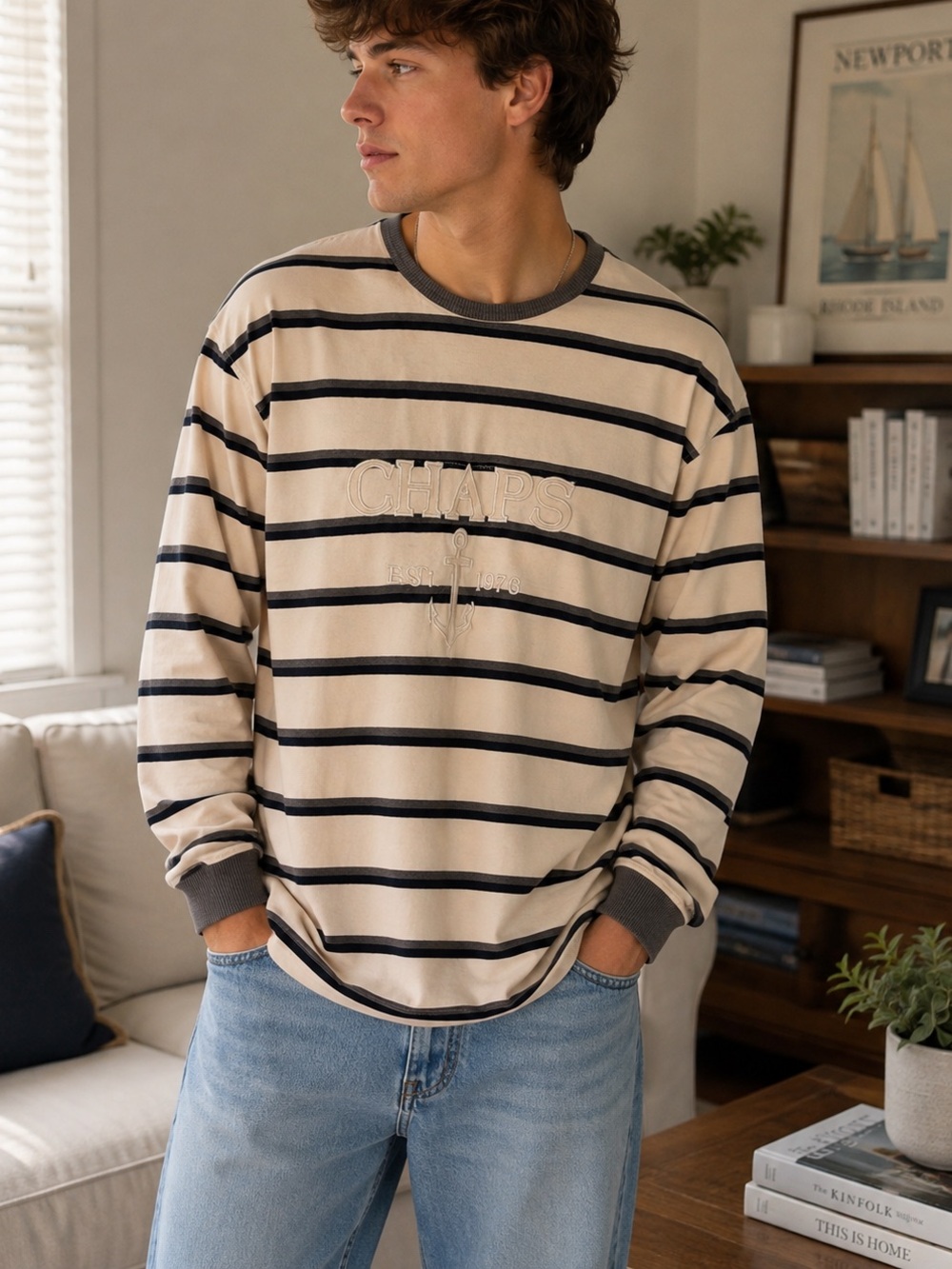 Chaps Men’s Striped Long Sleeve Anchor Logo Shirt Medium Nautical Preppy